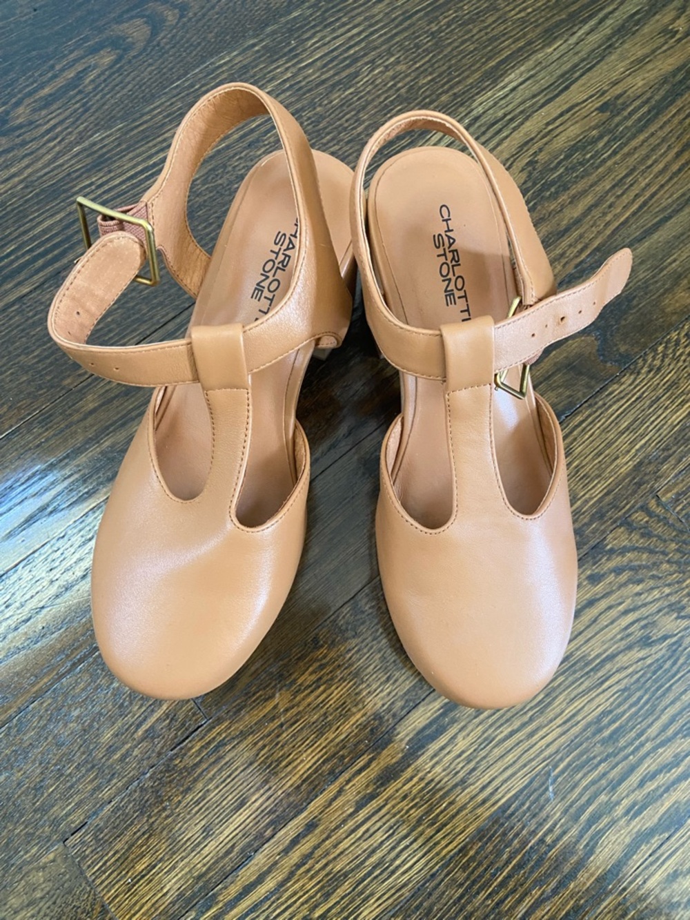 NWOB Charlotte Stone Women's Tan Leather Platform Mary Jane Clog Sandals - Picture 2 of 8